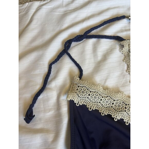 Navy Blue Monokini V-Neck One-Piece Swimsuit Low Back Halter Sexy Minimalist - Picture 9 of 16